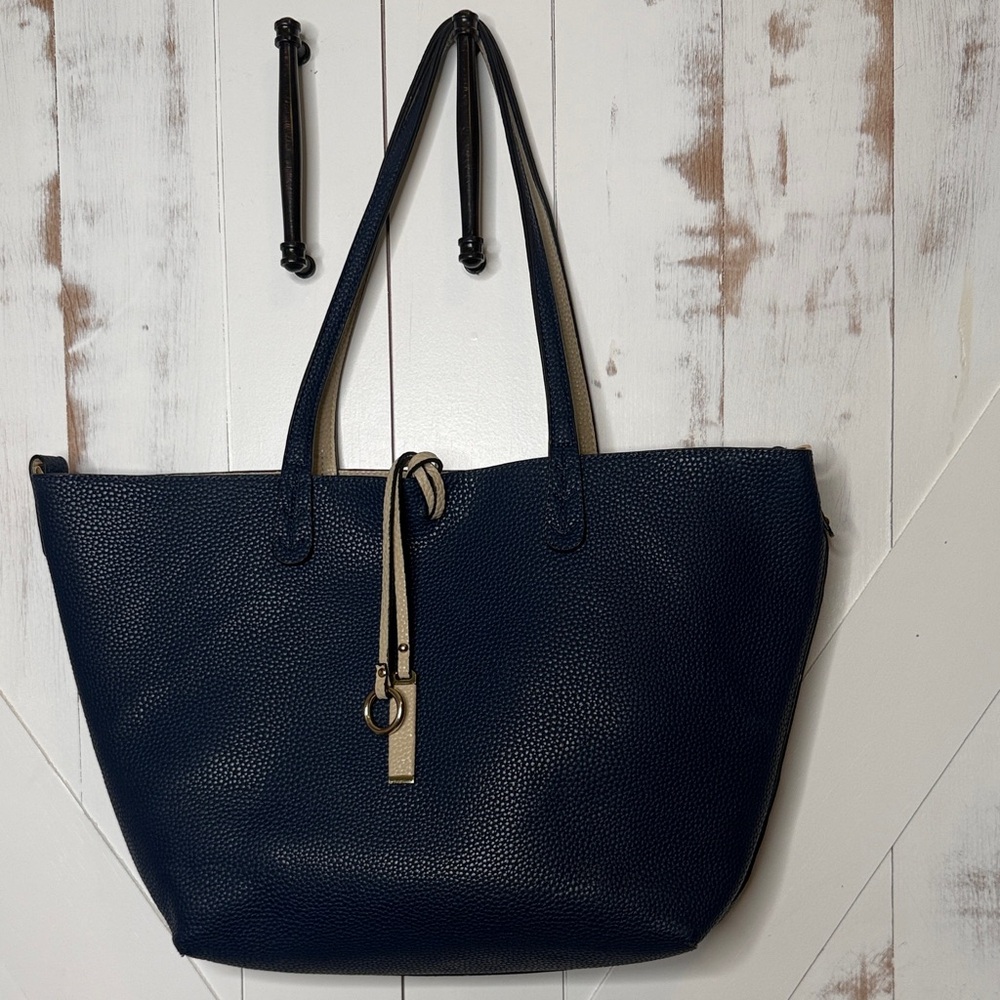 Charming Charlie Reversible Vegan Tote Bag Beige and Blue - Picture 3 of 10